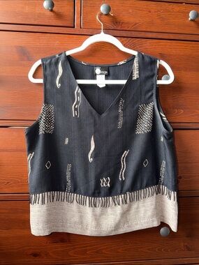First Option Vintage 90s Boho Beaded Trim Blouse Black Beige Abstract M